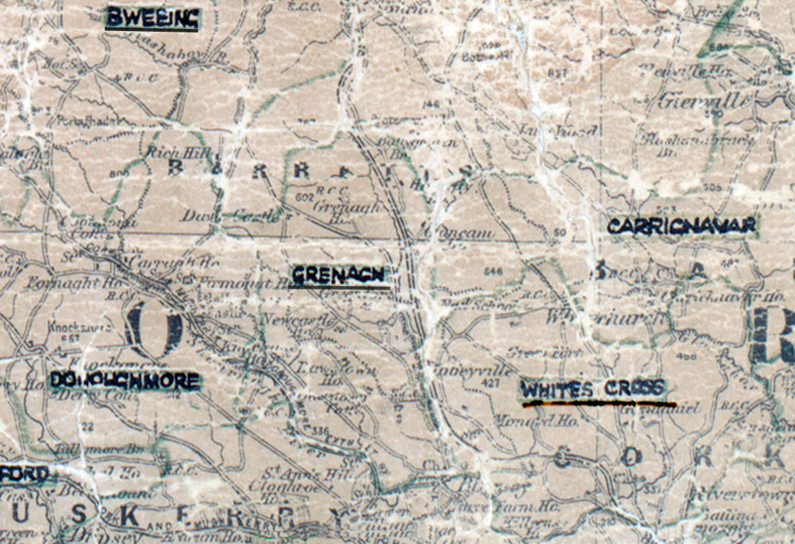 A scanned, worn historical map from the 1940s of the  rural electrification area around Grenagh. A hand‑drawn boundary outlines the region, including Bweeing, Carrignavar, Donoughmore and White Cross.