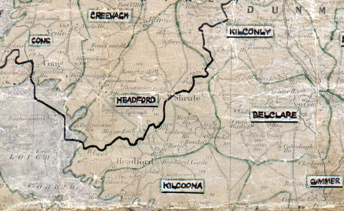 A scanned, worn historical map from the 1940s of the rural electrification area around Headford. A hand‑drawn boundary outlines the region, including Creevagh, Cong, Kilcoona, Kilconly, and Belclare.