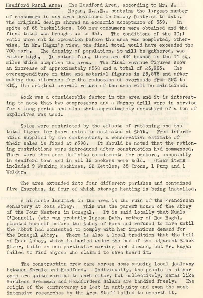 A scanned page from the ESB REO magazine about the Headford Rural Area.