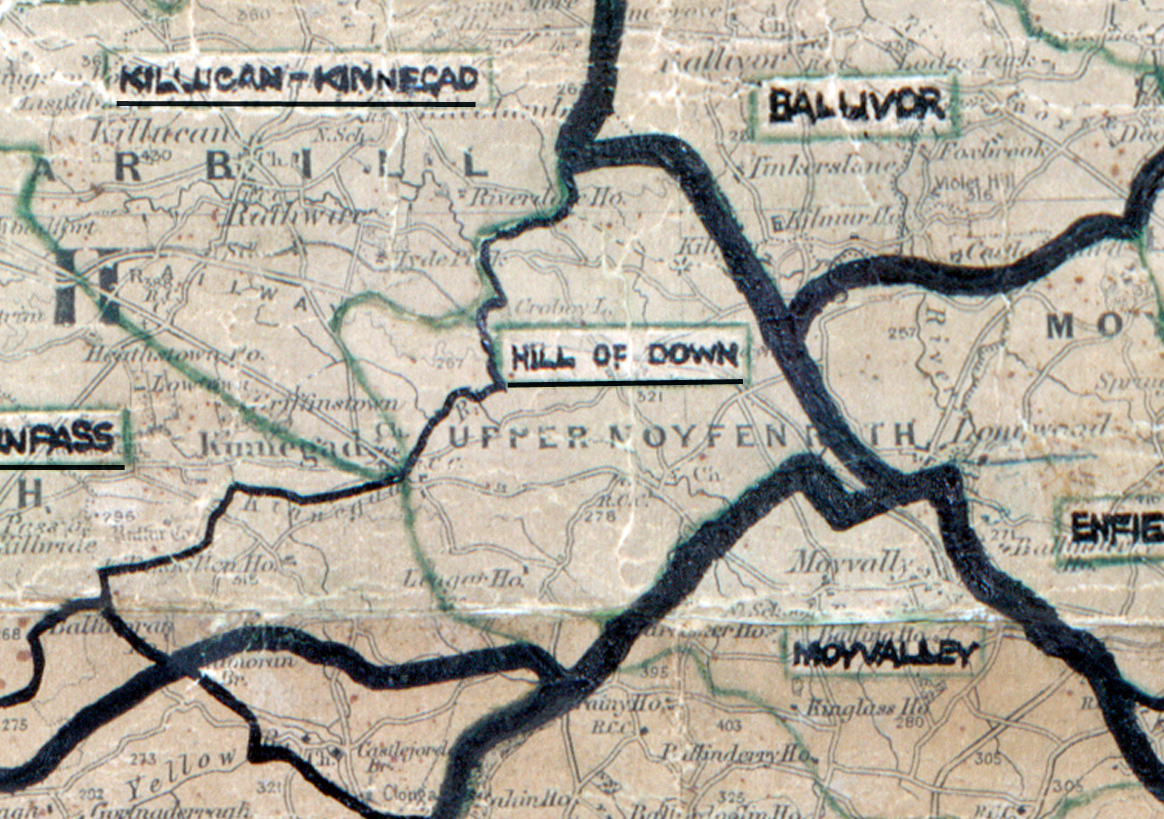 A scanned, worn historical map from the 1940s of the rural electrification area around Hill of Down. A hand‑drawn boundary outlines the region, including Killucan-Kinnefad, Ballivor, and Moyvalley.