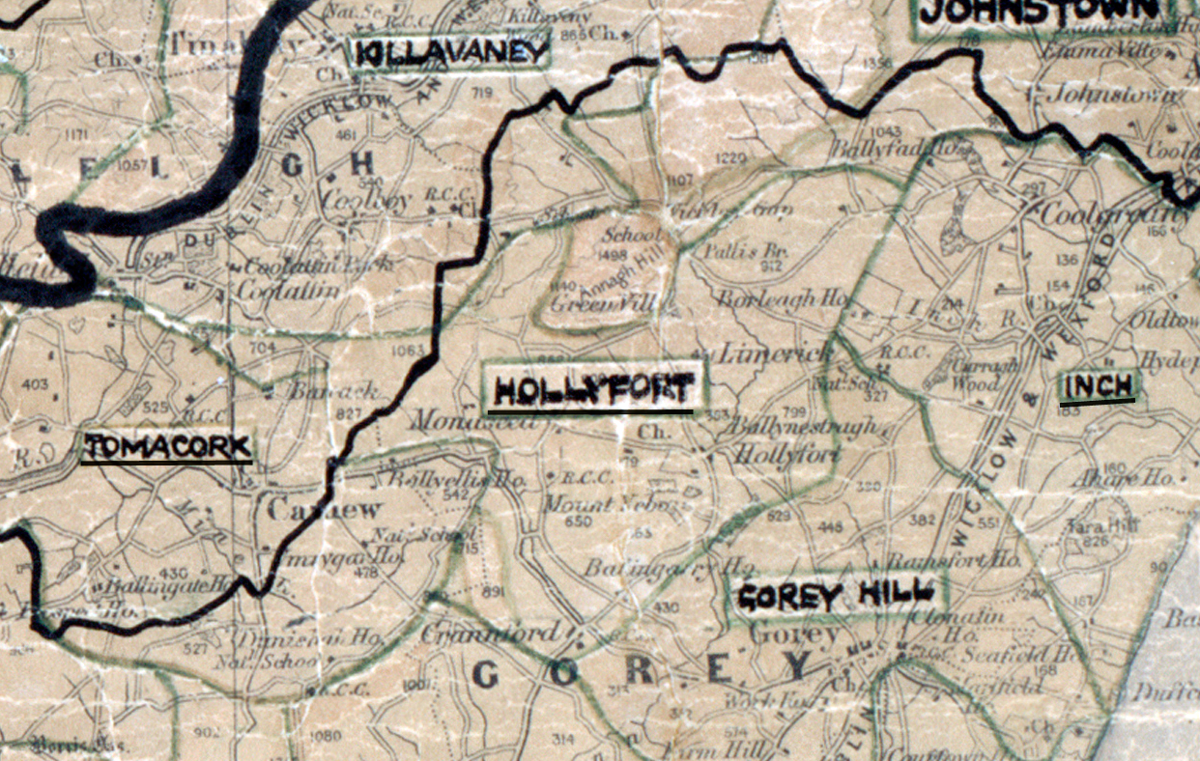 “A scanned, worn historical map from the 1940s of the rural electrification area around Hollyfort. A hand‑drawn boundary outlines the region, including Inch and Gorey Hill.
