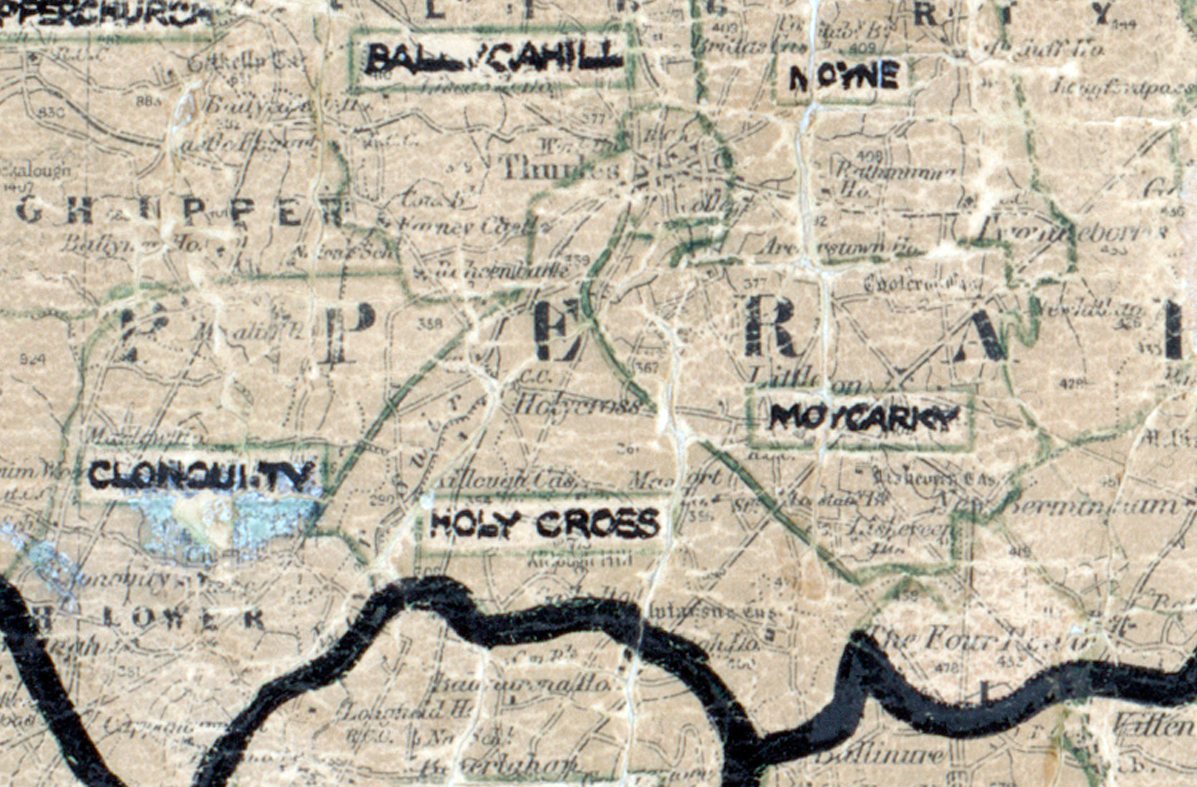 A scanned, worn historical map from the 1940s of the rural electrification area around Holycross. A hand‑drawn boundary outlines the region, including Upperchurch, Ballagh, Moycarkey, and Clonoulty.