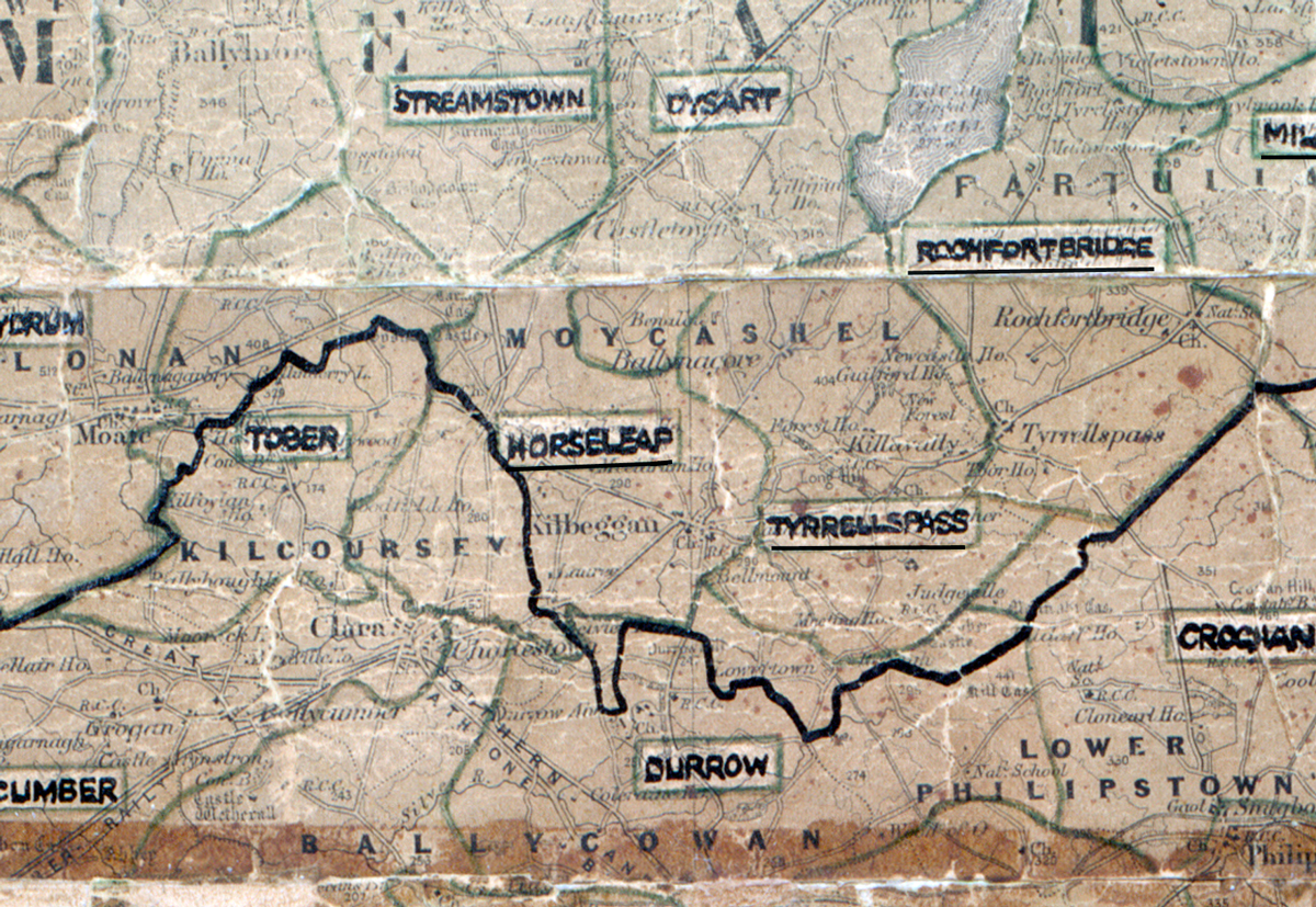 A scanned, worn historical map from the 1940s of the rural electrification area around Horseleap. A hand‑drawn boundary outlines the region, including Streamstown, Dysart, Rochfortbridge, Tober, Tyrellspass, Durrow, and Croghan.