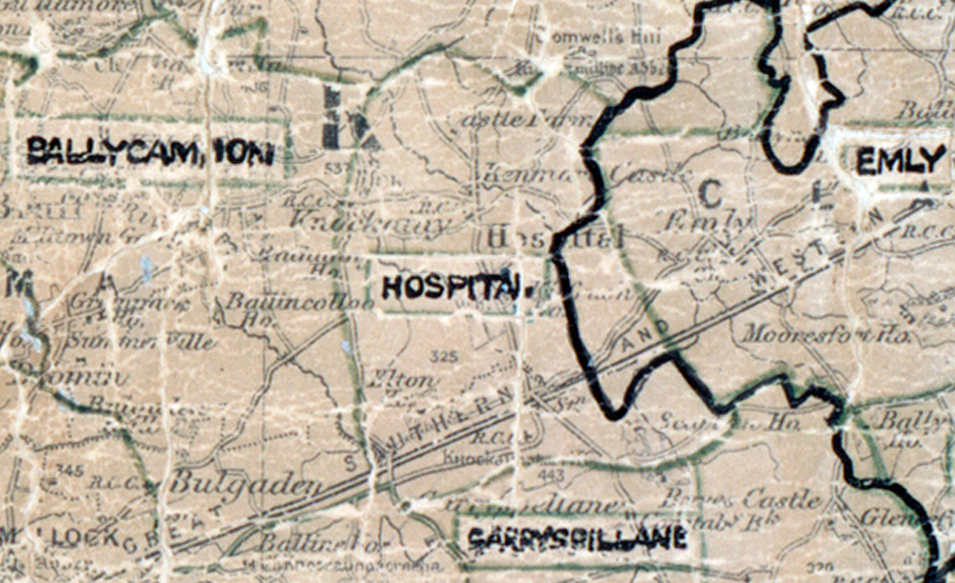 A scanned, worn historical map from the 1940s of the  rural electrification area around hospital. A  hand‑drawn boundary outlines the region.