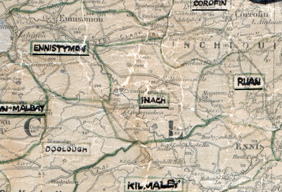 A scanned, worn historical map from the 1940s of the rural electrification area around Inagh. A hand‑drawn boundary outlines the region, including Ennistymon, Doolough, Ruan, Corofin, and Kilmaley.