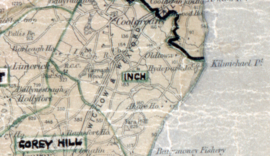 A scanned, worn historical map from the 1940s of the rural electrification area around Wexford. A hand‑drawn boundary outlines the region, including Gorey Hill.