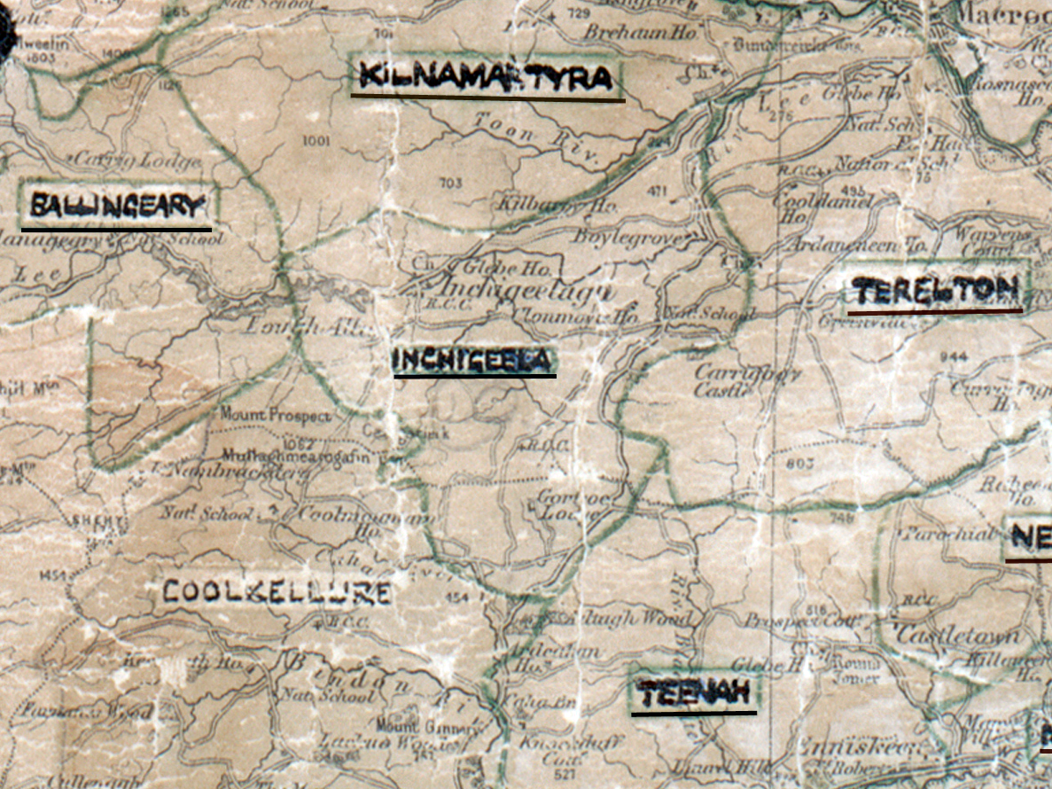 A scanned, worn historical map from the 1940s of the  rural electrification area around Inchigeela. A hand‑drawn boundary outlines the region, including Kilnamartyra, Ballingeary, Terelton and Teenah.