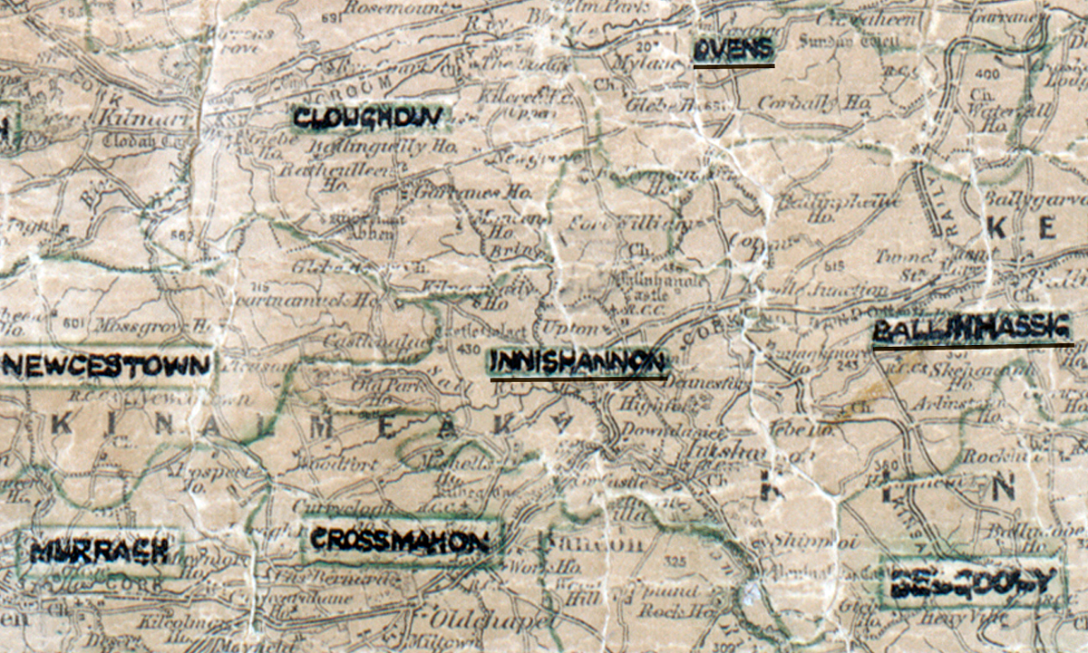 A scanned, worn historical map from the 1940s of the  rural electrification area around Innishannon. A hand‑drawn boundary outlines the region, including Ovens, Cloughdun, Newcestown, Ballinhassig, Murragh, Crossmanon  and Beegooly.