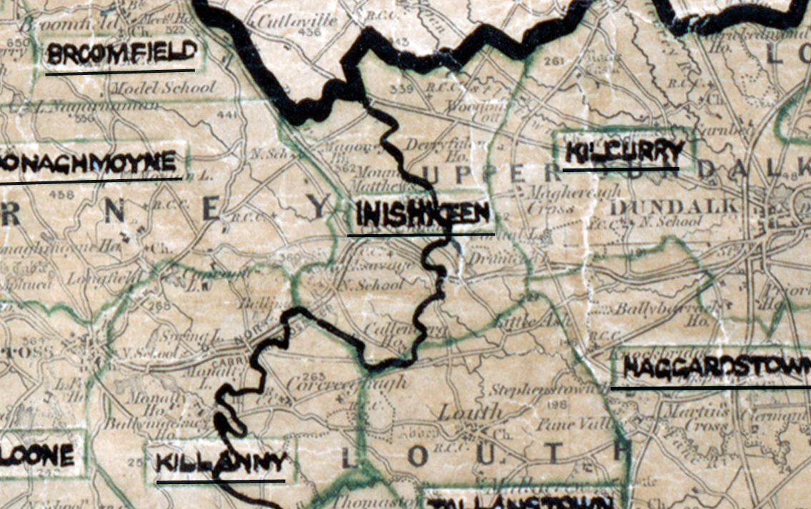 A scanned, worn historical map from the 1940s of the rural electrification area around Inniskeen. A hand‑drawn boundary outlines the region, including Broomfield, Donaghmoyne, Kilcurry, Haggardstown, and Killanny.
