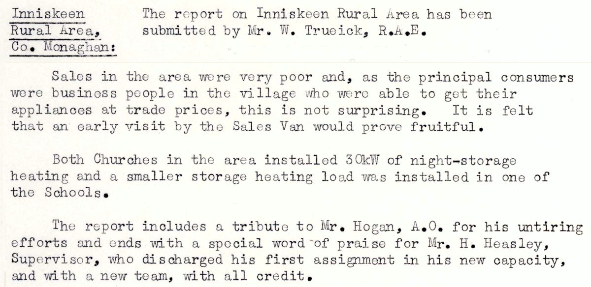 A scanned page from the ESB REO magazine about the Inniskeen Rural Area