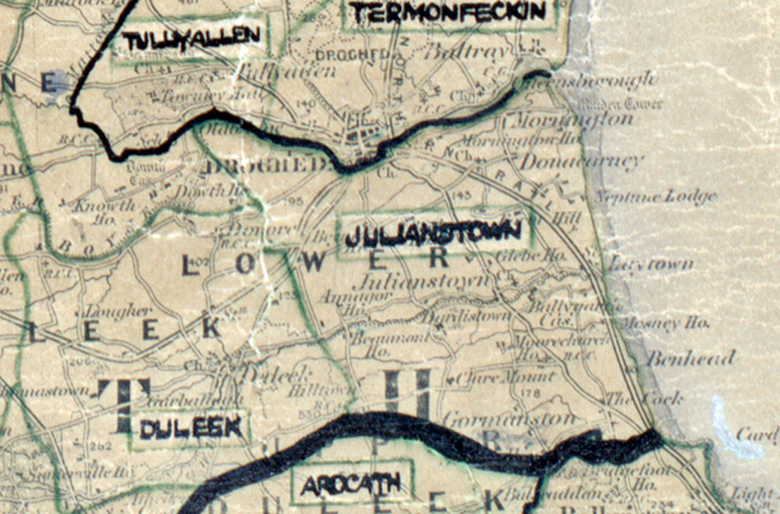 A scanned, worn historical map from the 1940s of the  rural electrification area around Julianstown. A hand‑drawn boundary outlines the region, including Tullyallen, Termonfeckin, Duleek and Arocath.