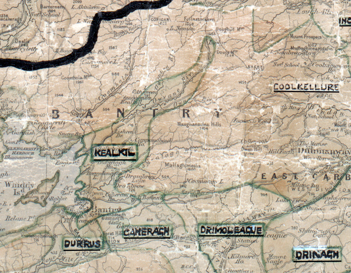 A scanned, worn historical map from the 1940s of the  rural electrification area around Kealkil. A hand‑drawn boundary outlines the region, including Coolkellure, Durrus, Camerach, Drimoleague and Drinagh.
