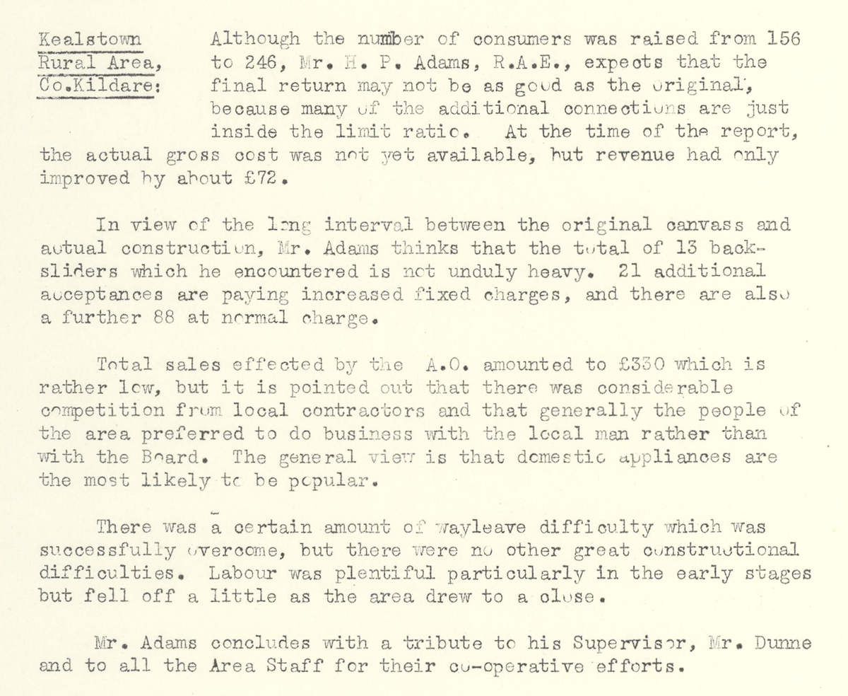 A scanned page from the ESB REO magazine about the Kealstown Rural Area.