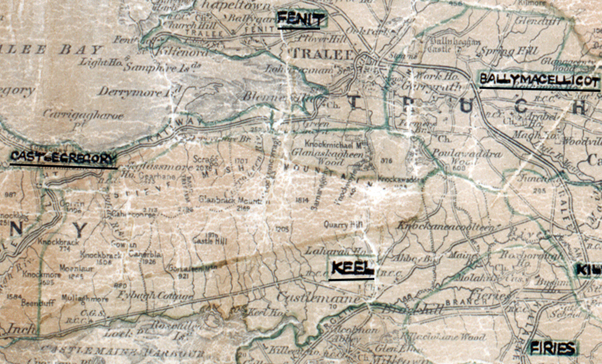 A scanned, worn historical map from the 1940s of the  rural electrification area around Keel. A hand‑drawn boundary outlines the region, including Fenit, Castlegregory, Ballymacelligot and Firies.