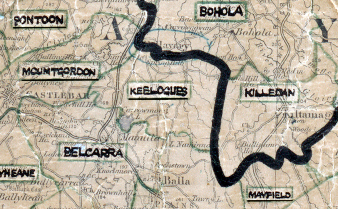 A scanned, worn historical map from the 1940s of the rural electrification area around Keelogues. A hand‑drawn boundary outlines the region, including Pontoon, Mountordoon, Bohola, Killedan, Belcarra, and Mayfield.