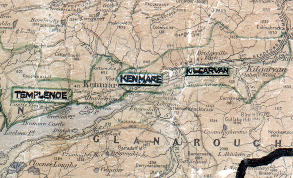 A scanned, worn historical map from the 1940s of the  rural electrification area around Kenmare. A hand‑drawn boundary outlines the region, including Templenoe and Kilcarvan.