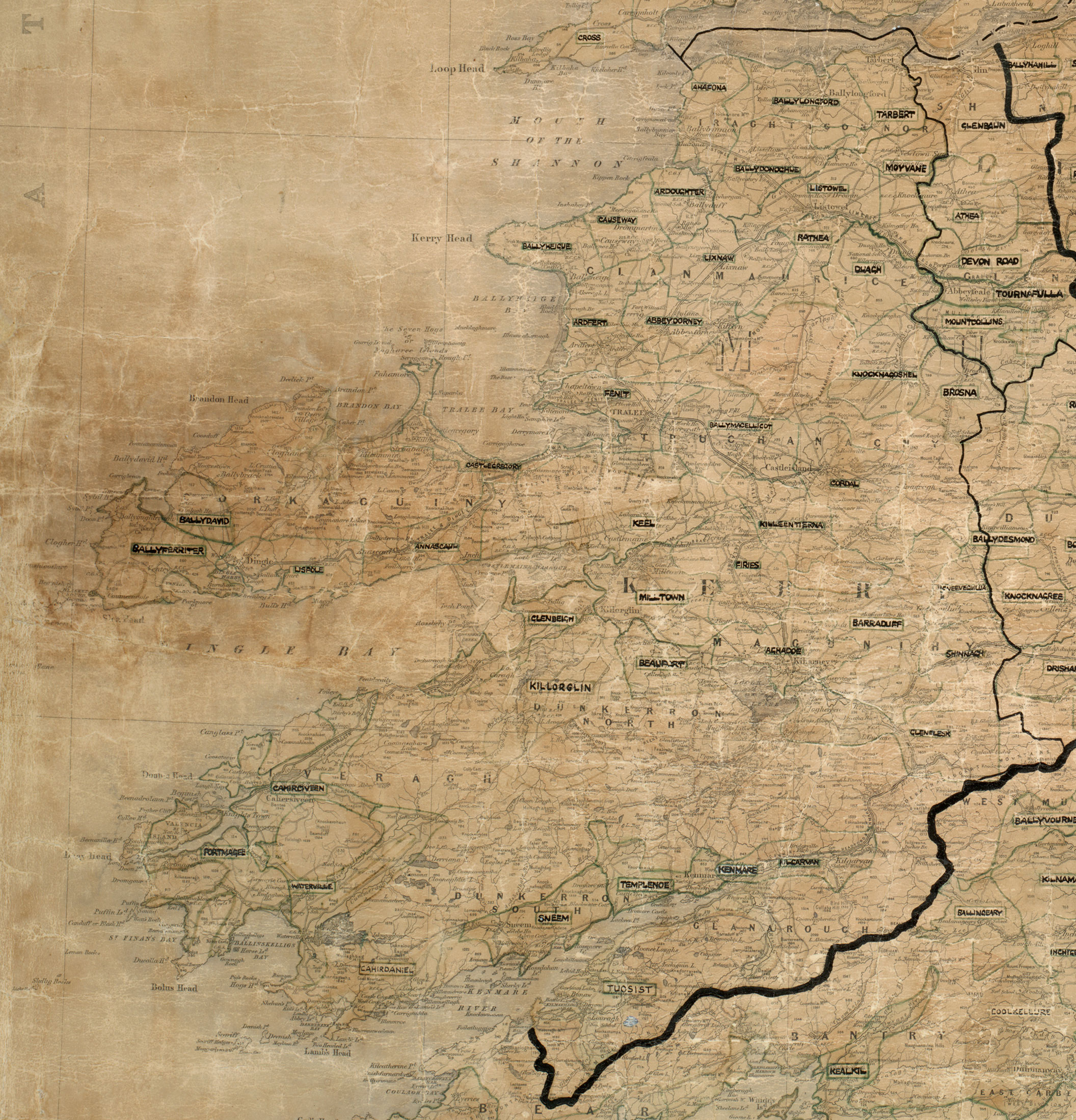 Map showing rural electrification area boundaries across County Kerry.