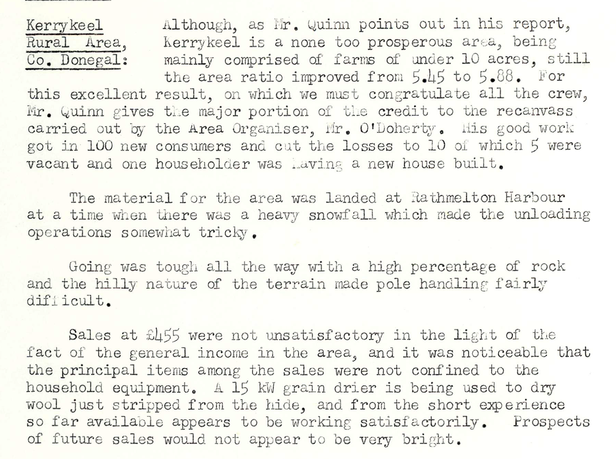 A scanned page from the ESB REO magazine about the Kerrykeel Rural Area