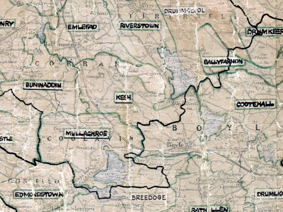 A scanned, worn historical map from the 1940s of the  rural electrification area around Kesh A hand‑drawn boundary outlines the region, including Emlefad, Riverstown, Drumkeeran, Ballyfarnon, Cootehall, Mullaghroe, Edmondstown and Rathollen.