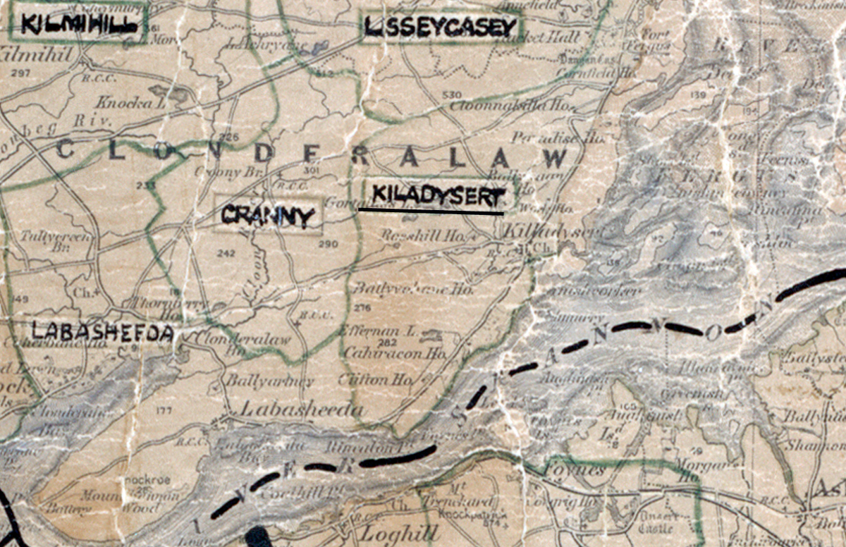 A scanned, worn historical map from the 1940s of the rural electrification area around Kiladysart. A hand‑drawn boundary outlines the region, including Kilmihil, Lisseycasey, Cranny, and Labasheeda.