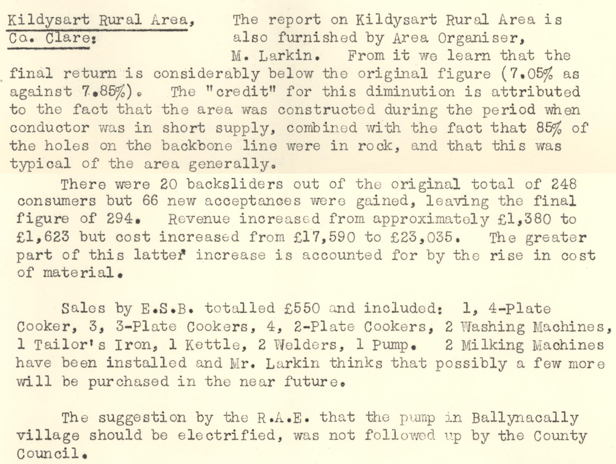 A scanned page from the ESB REO magazine about the Kiladysart Rural Area