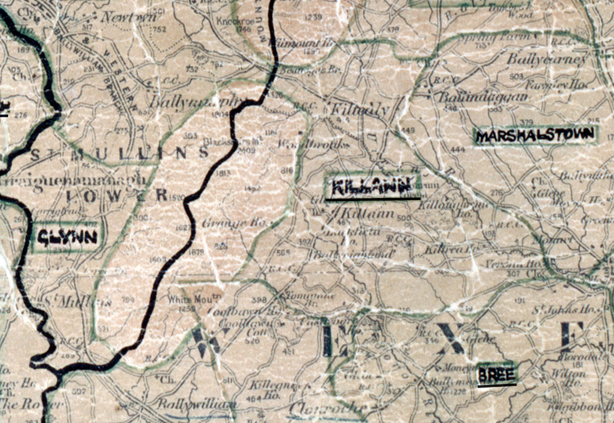 “A scanned, worn historical map from the 1940s of the rural electrification area around Killann. A hand‑drawn boundary outlines the region, including Bree.