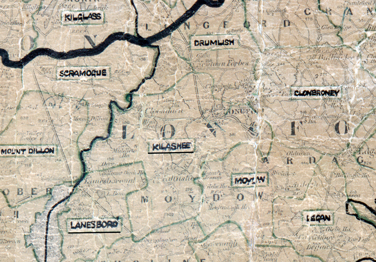 A scanned, worn historical map from the 1940s of the rural electrification area around Killashee. A hand‑drawn boundary outlines the region, including Kilass, Scramogue, Drumlish, Clonbroney, Mount Dillon, Moydow, Lanesboro, and Legan.