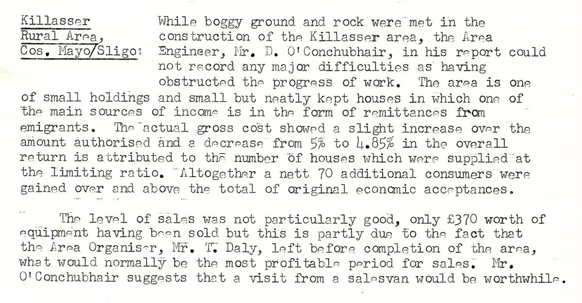 Report on the Killasser rural electrification area describing construction progress, consumer uptake, project costs and equipment sales.