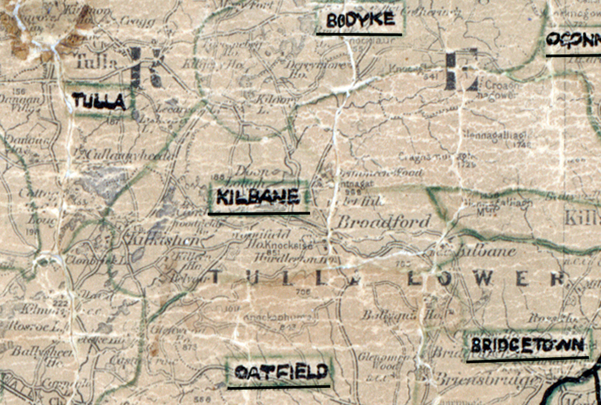 A scanned, worn historical map from the 1940s of the rural electrification area around Kilbane. A hand‑drawn boundary outlines the region, including Tulla, Bodyke, Oatfield, and Bridgetown.