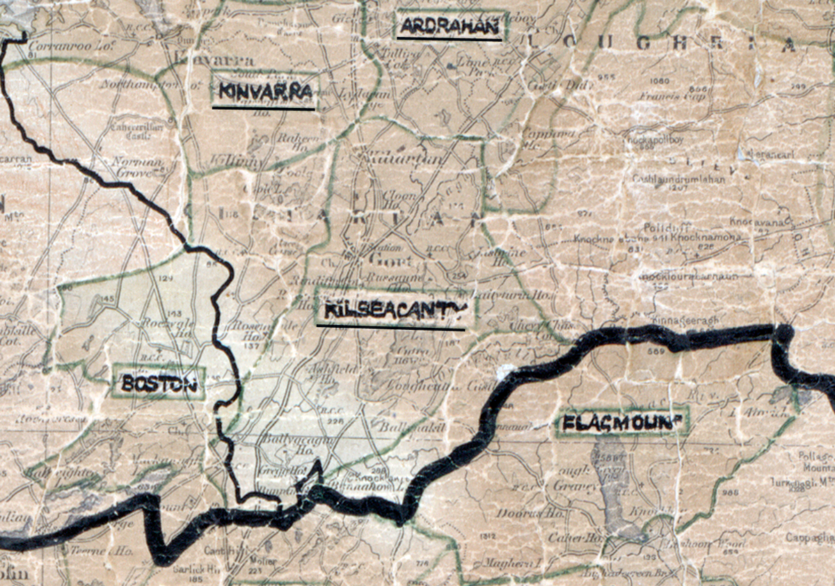 A scanned, worn historical map from the 1940s of the rural electrification area around Kilseacanty. A hand‑drawn boundary outlines the region, including Kinvara, Ardrahan, Boston, and Flagmount.