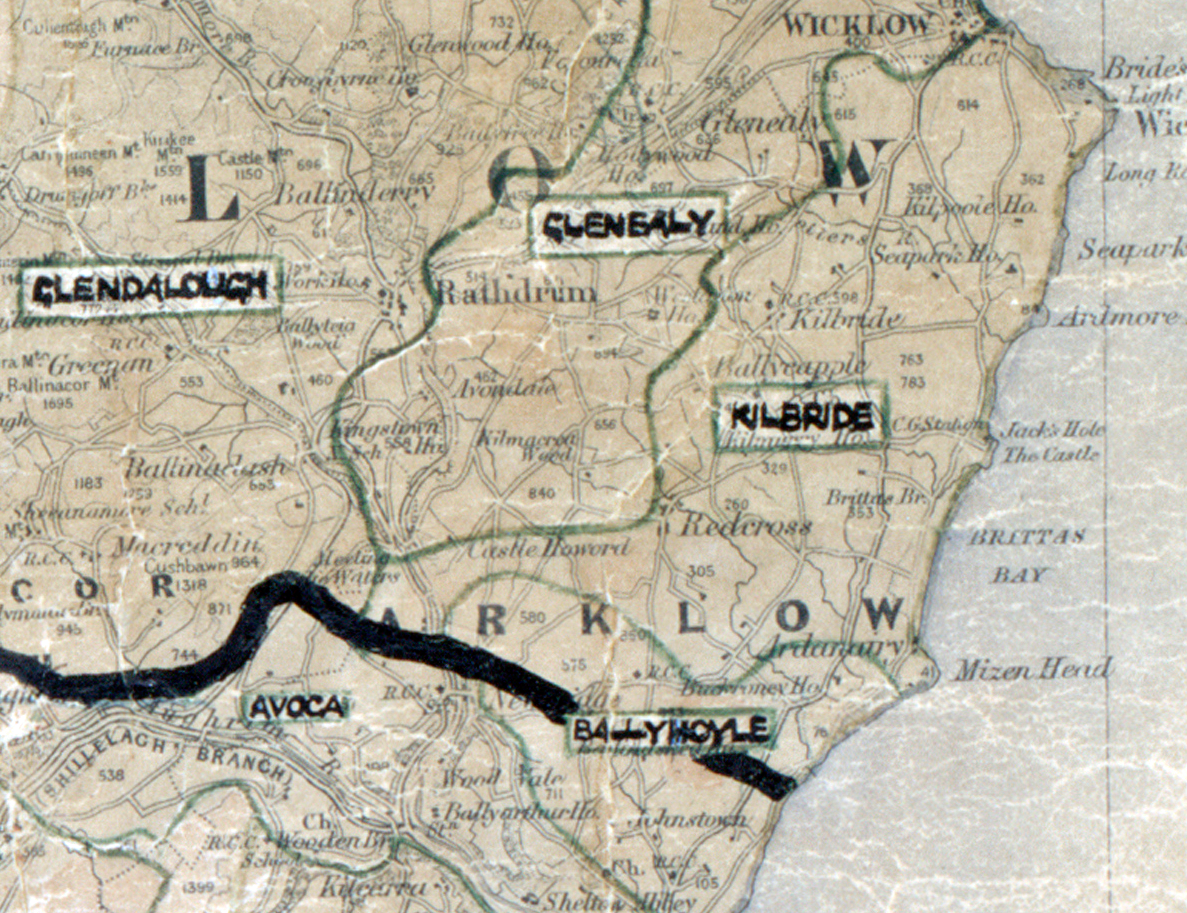 A scanned, worn historical map from the 1940s of the rural electrification area around Kilbride. A hand‑drawn boundary outlines the region, including Glendalough, Glenselly, Avoca, and Ballymoyle.