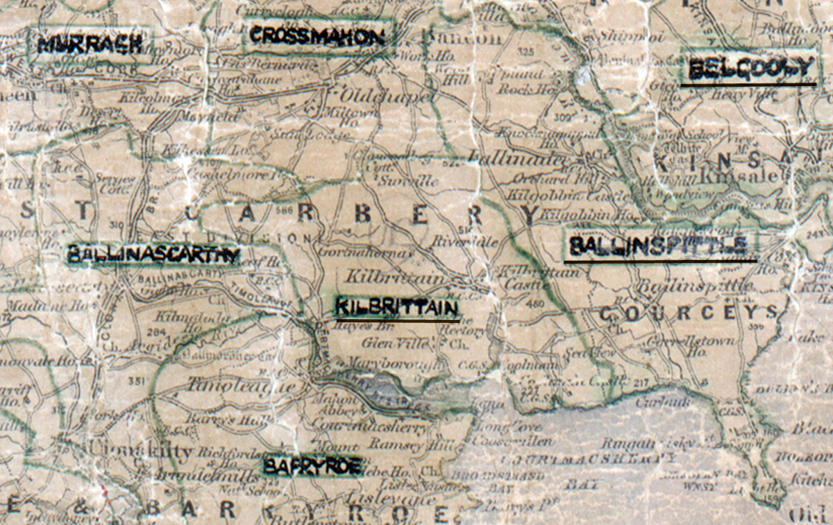 A scanned, worn historical map from the 1940s of the  rural electrification area around Kilbrittain. A hand‑drawn boundary outlines the region, including Murragh, Crossmahon, Belgooly, Ballinascarthy, Ballinspittle and Ballynoe.