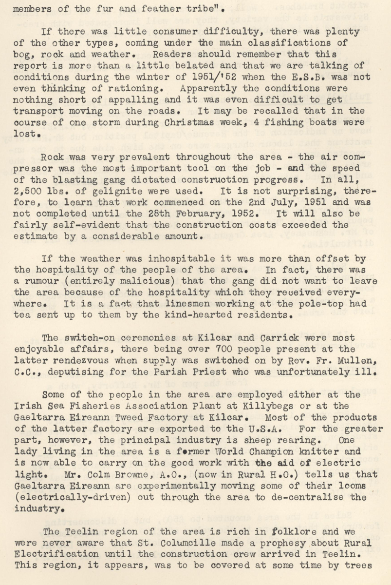 A scanned page from the ESB REO magazine about the Kilcar Rural Area