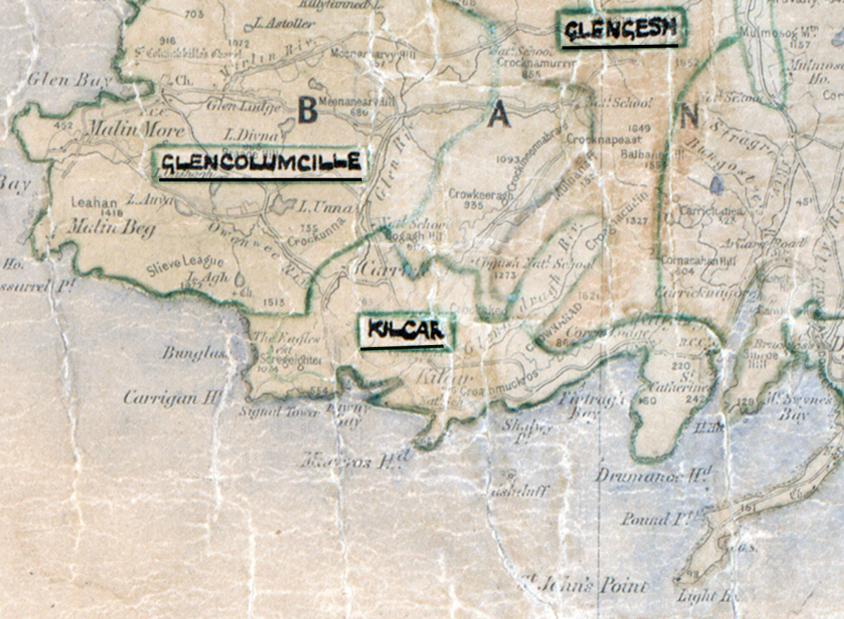 A scanned, worn historical map from the 1940s of the rural electrification area around Kilcar. A hand‑drawn boundary outlines the region, including Glencolumcille, and Glencesh.