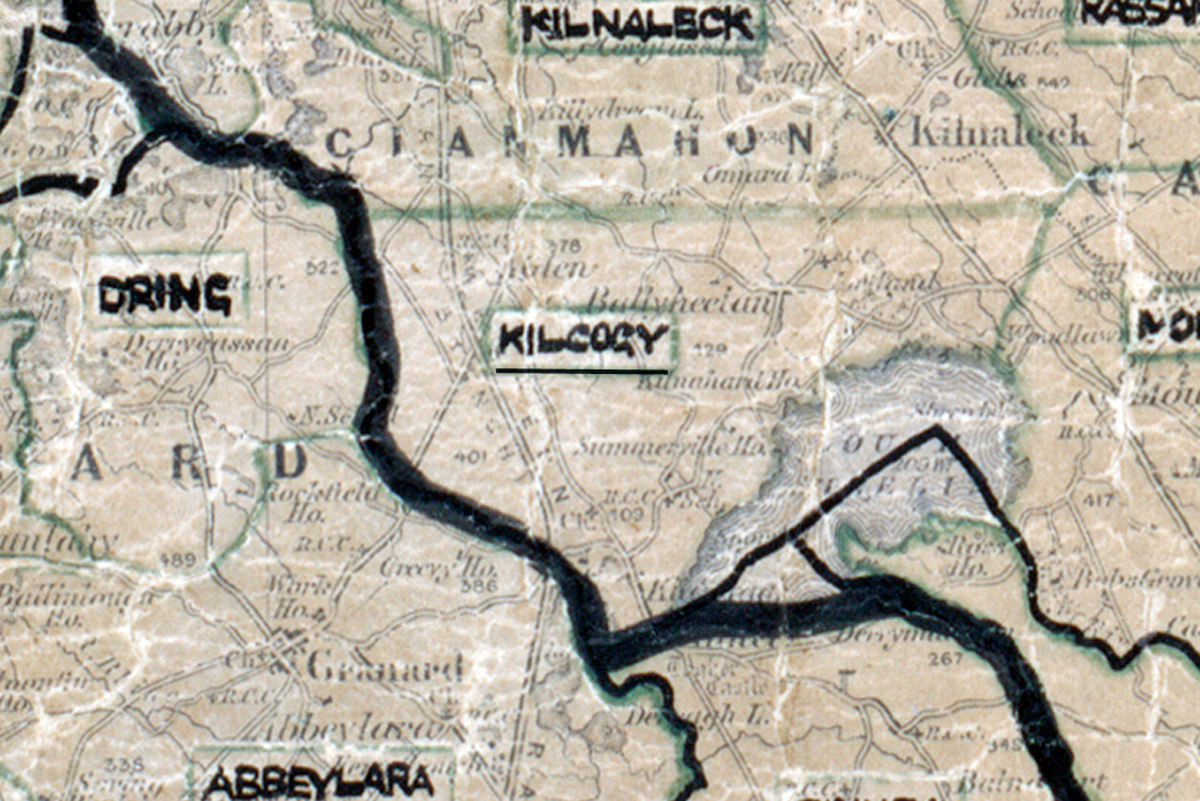 A scanned, worn historical map from the 1940s of the rural electrification area around Kilcogy. A hand‑drawn boundary outlines the region, including Dring, Kilnaleck, and Abbeylara.
