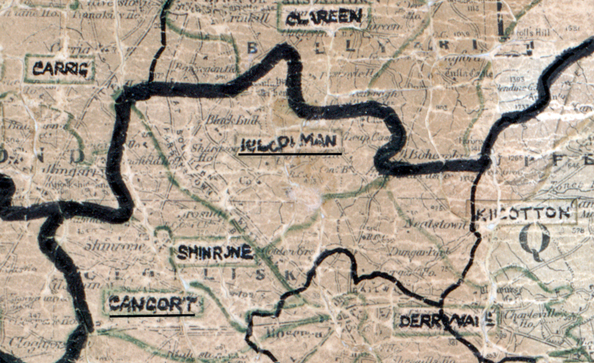 A scanned, worn historical map from the 1940s of the rural electrification area around Kilcoleman. A hand‑drawn boundary outlines the region, including Carrig, Shinrone, Cangort, Birr, and Derrinboy.