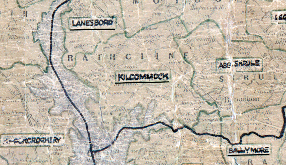 A scanned, worn historical map from the 1940s of the rural electrification area around Kilcommock. A hand‑drawn boundary outlines the region, including Lanesboro, Rathcline, Abbeyshrule, and Ballymore.