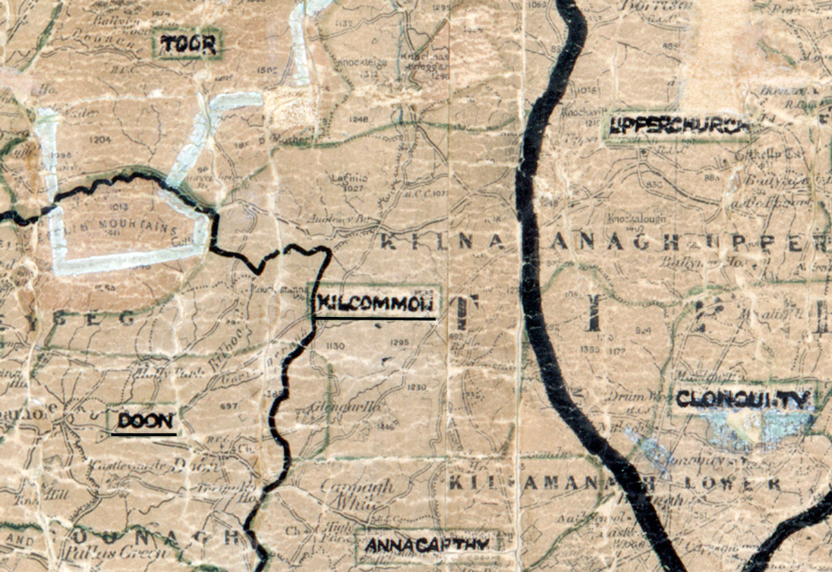 A scanned, worn historical map from the 1940s of the rural electrification area around Kilcommon. A hand‑drawn boundary outlines the region, including Toor, Upperchurch, Doon, and Annacarty.