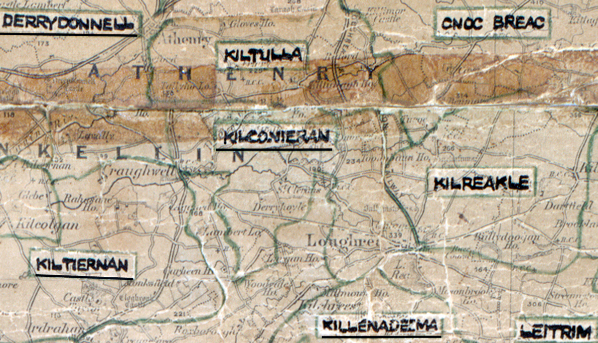 A scanned, worn historical map from the 1940s of the rural electrification area around&nbsp;Kilconieran. A hand‑drawn boundary outlines the region, including Derryonnell, Kiltulla, Cnoc Breac, Kiltreenan, Kilreakle, Killenadema, and Leitrim.
