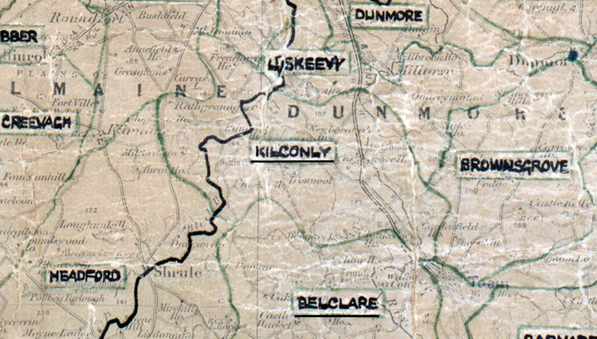 A scanned, worn historical map from the 1940s of the rural electrification area around Kilconly. A hand‑drawn boundary outlines the region, including Crevagh, Headford, Liskeevy, Dunmore, Brownsrove, and Belclare.
