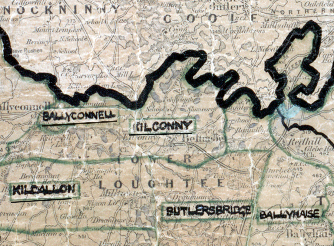 A scanned, worn historical map from the 1940s of the rural electrification area around Kilconny. A hand‑drawn boundary outlines the region, including Ballyconnell, Kildallon, Butlersbridge, and Ballyhaise.