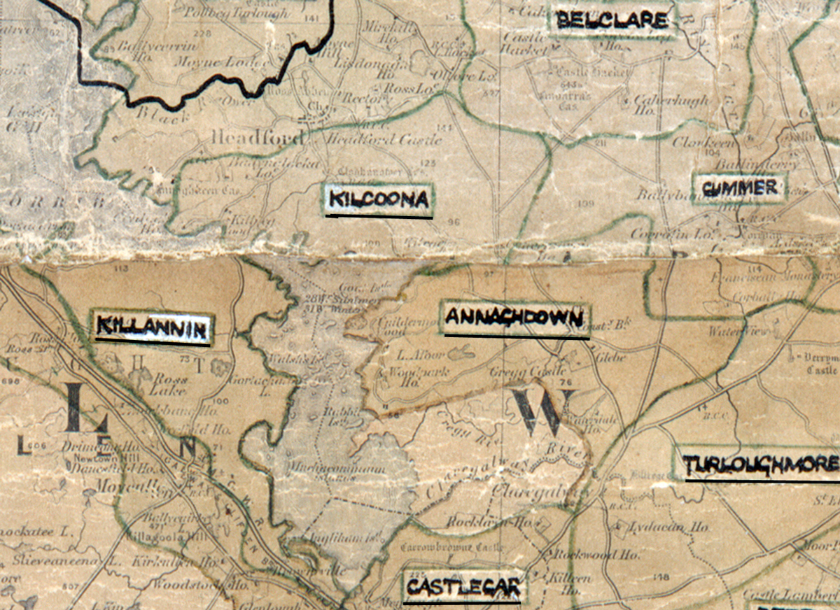 A scanned, worn historical map from the 1940s of the rural electrification area around Kilcoona. A hand‑drawn boundary outlines the region, including  Kilannin, Annachdown, Castlecar, Belclare, Cummer, and Turloughmore.