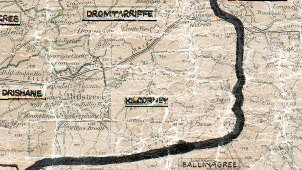 A scanned, worn historical map from the 1940s of the  rural electrification area around Kilcorney. A hand‑drawn boundary outlines the region, including Dromtarriffe, Drishane and Ballinagree.