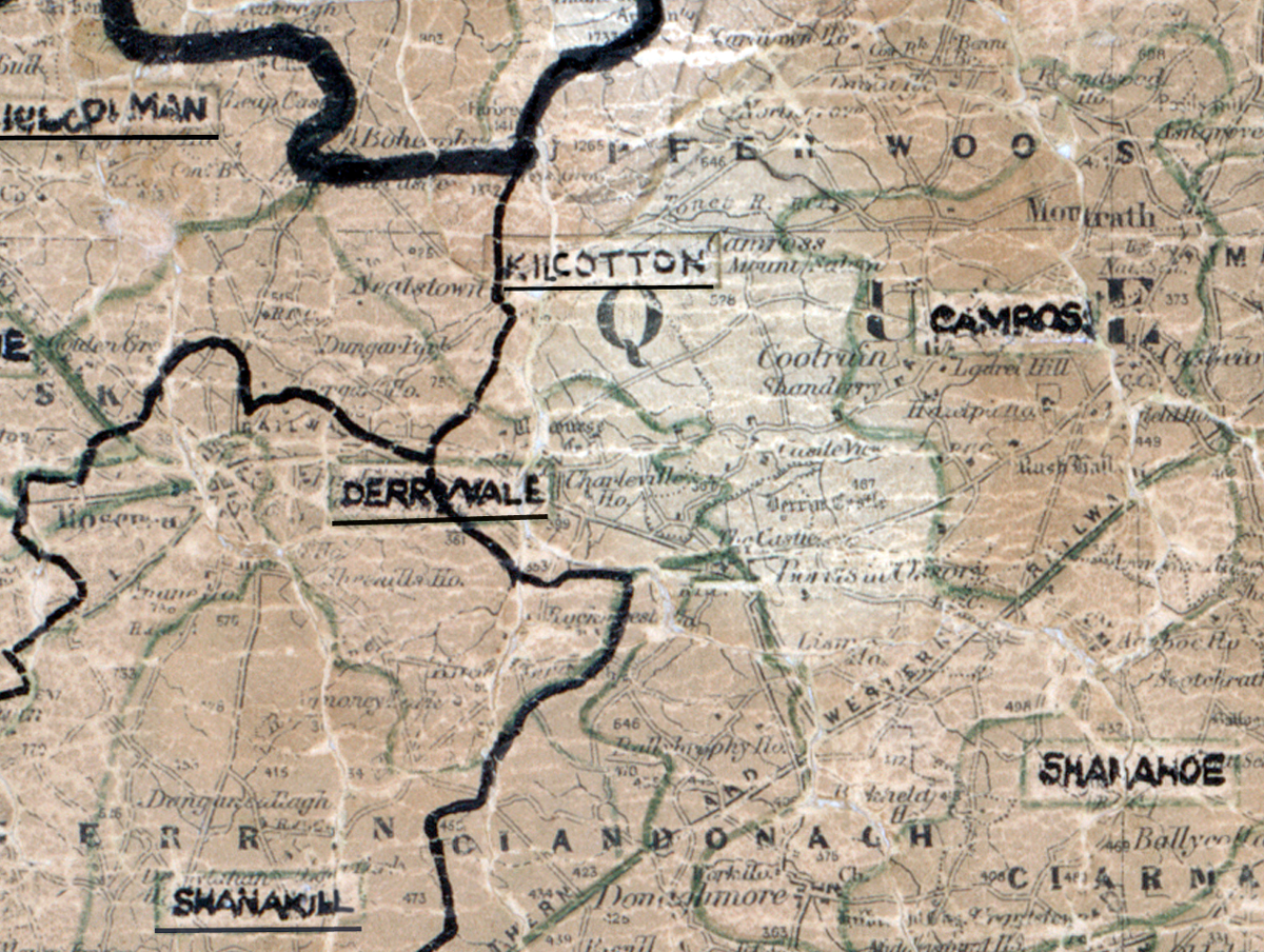 A scanned, worn historical map from the 1940s of the  rural electrification area around Kilcotton. A hand‑drawn boundary outlines the region, including Camross, Derryvale, Shanakill and Shanahoe.
