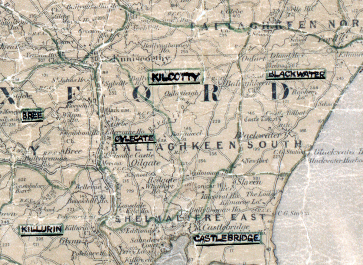 A scanned, worn historical map from the 1940s of the rural electrification area around Kilcotty. A hand‑drawn boundary outlines the region, including blackwater, oylegate and castlebridge