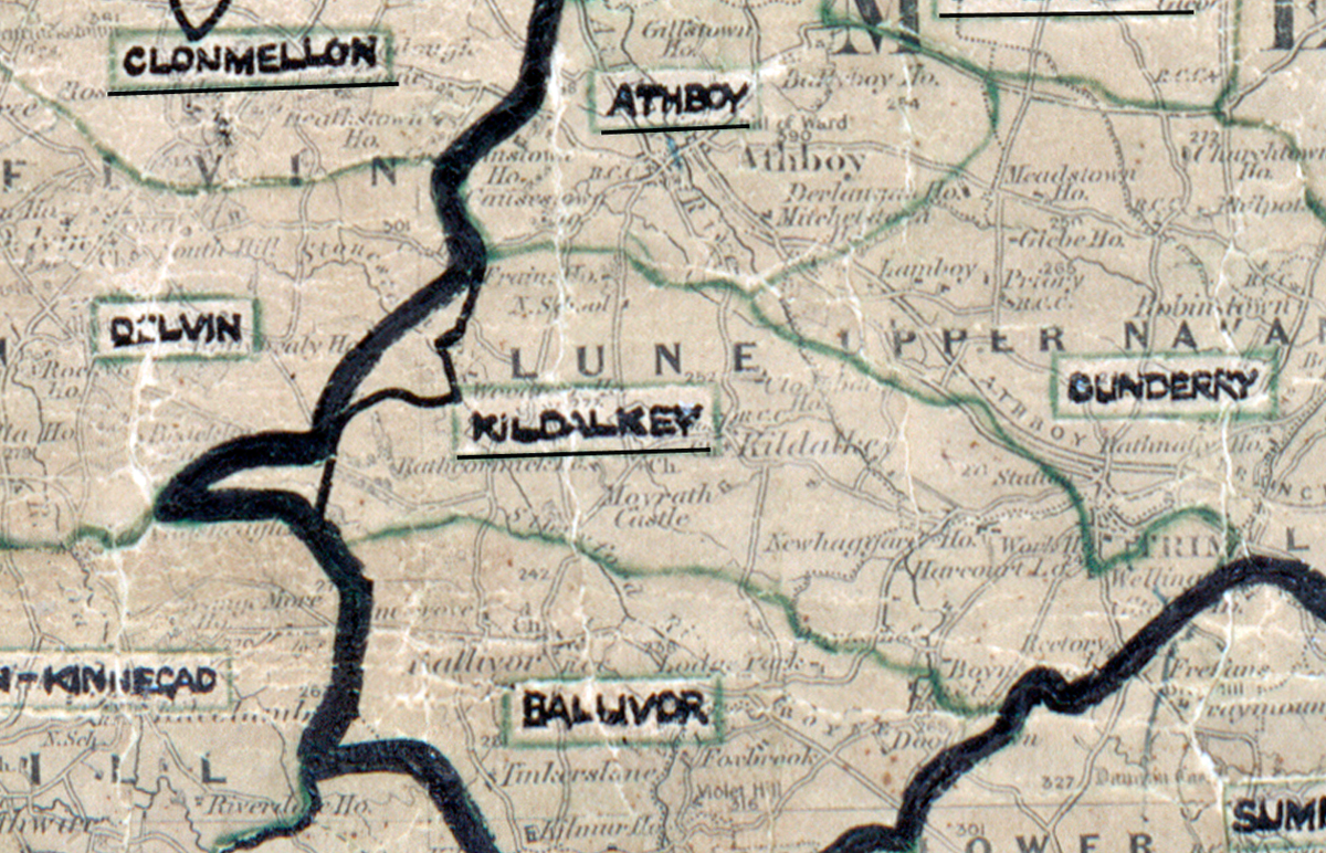 A scanned, worn historical map from the 1940s of the  rural electrification area around Kildalkey. A hand‑drawn boundary outlines the region, including Clonmellon, Delvin, Athboy, Dunderry and Ballivor.