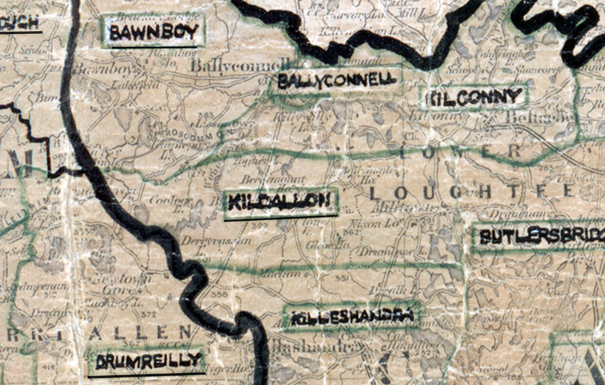 A scanned, worn historical map from the 1940s of the rural electrification area around Kildallon. A hand‑drawn boundary outlines the region, including Bawnboy, Ballyconnell, Kilconny, Butlersbridge, Drumreilly, and Killeshandra.