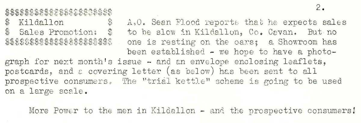 A scanned page from the ESB REO magazine about the Kildallon Rural Area.