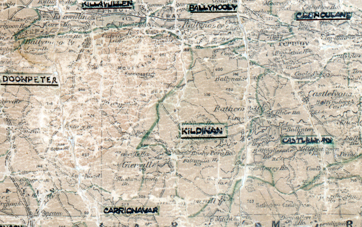 A scanned, worn historical map from the 1940s of the  rural electrification area around Kildangan. A hand‑drawn boundary outlines the region, including Bishopswood, Ballybrittas, Kilmoney, Moorfield, Vicarstown and Suncroft.