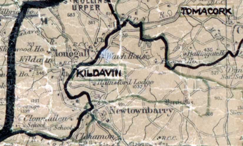 A scanned, worn historical map from the 1940s of the  rural electrification area around Kildavin. A hand‑drawn boundary outlines the region, including Tomacork.